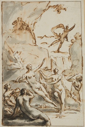 Diana und Aktaion, 18.Jhd., Lavierte Federzeichnung