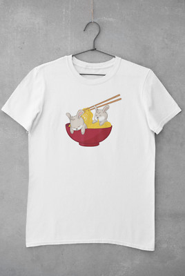 Cute Japanese Ramen Bunnies Printed Cotton Men's Unisex T-Shirt Top Tee