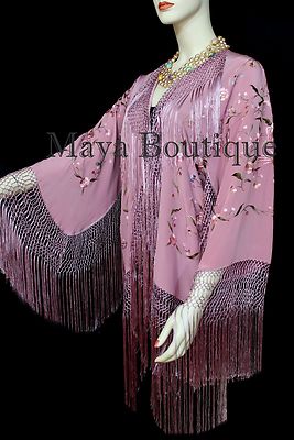 Pre-owned Maya Matazaro Embroidered Silk Fringe Jacket Kimono Strawberry Ice Multi Birds Flower Maya