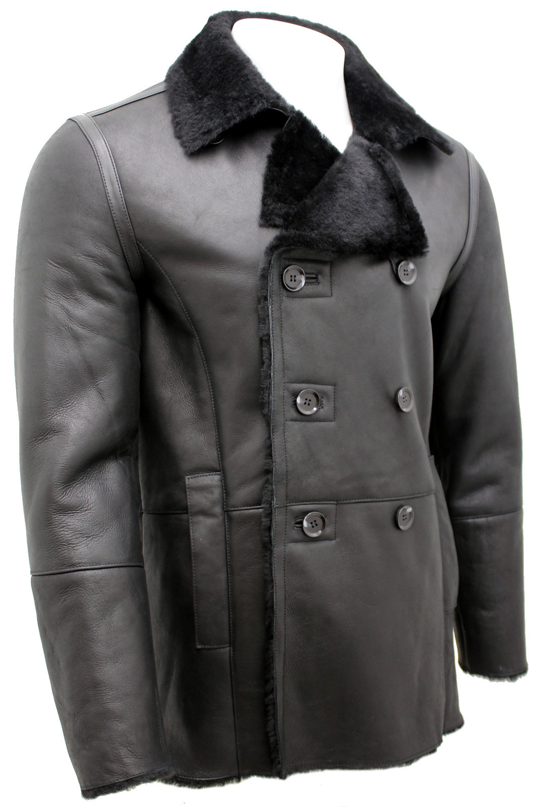Pre-owned Upper Class Men's Black Double Breasted Real Sheepskin Pea Coat