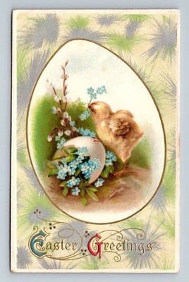 C. 1910 Baby Chick Egg Easter Greetings Embossed Vintage Postcard Winsch