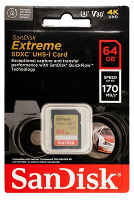 SanDisk 64GB Extreme SDXC 170MB/S U3 V30 4K SD Class 10 Memory Card SDSDXV2-064G