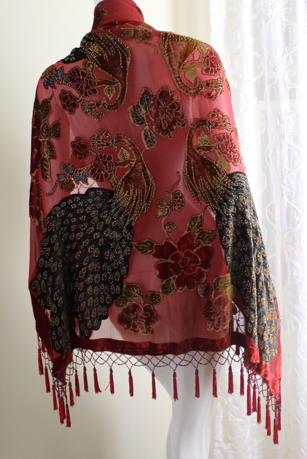 Fabrikant Red Velvet Burnout Art-to-Wear Bird Peacock Shawl