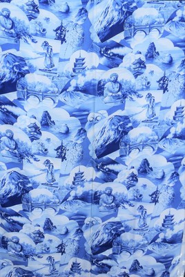 True Vintage Japanese Crepe Fabric Buddha Temple Mt Fuji 36