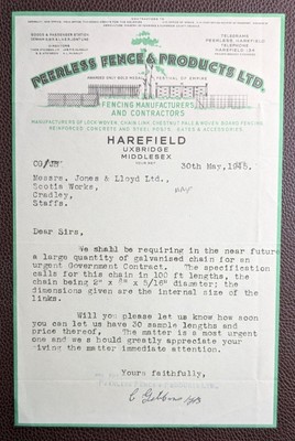 1945 Peerless Fence & Products, Fencing Makers, Harefield, Uxbridge Letter
