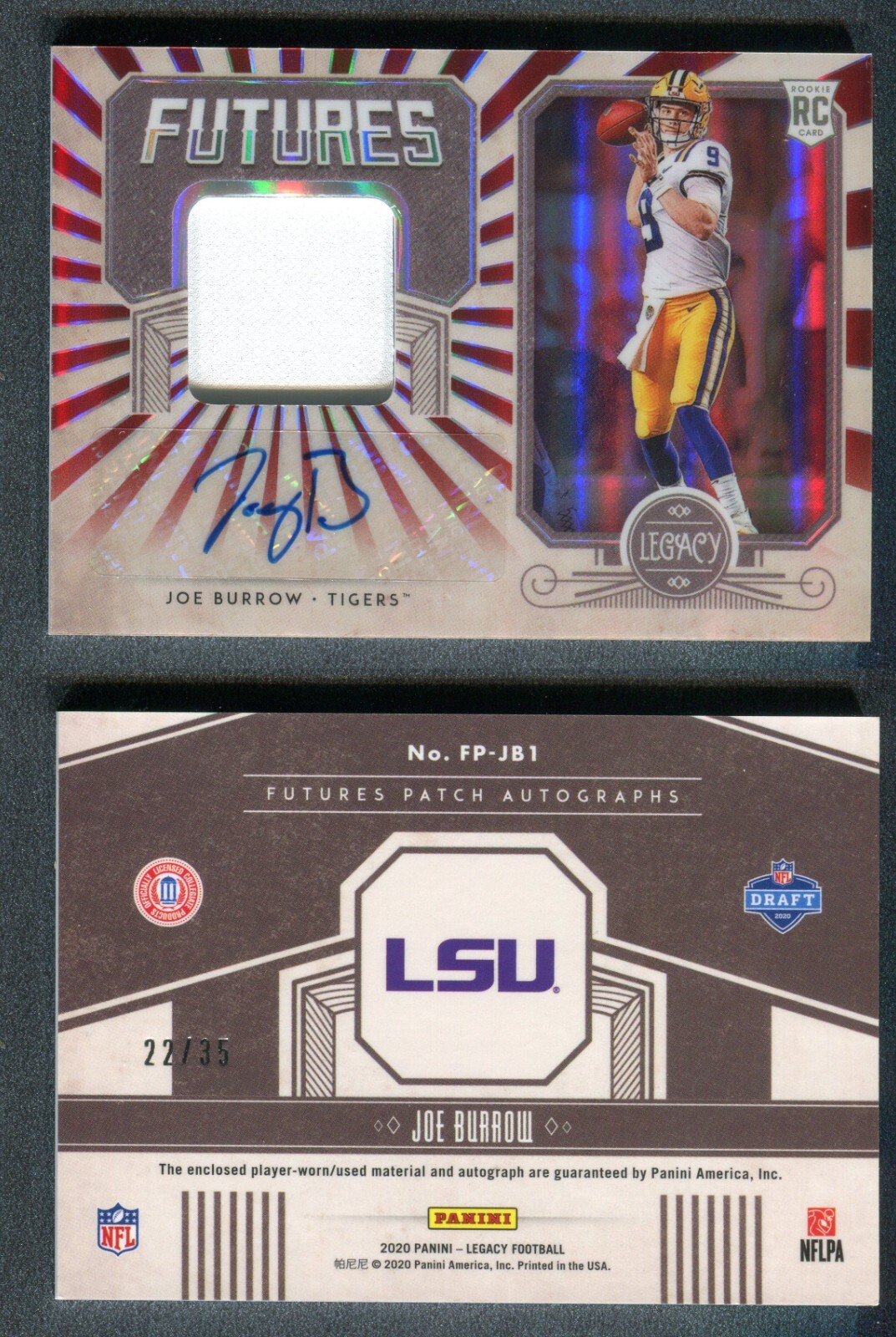 2020 Panini Legacy Futures Patch Autograph Ruby Joe Burrow