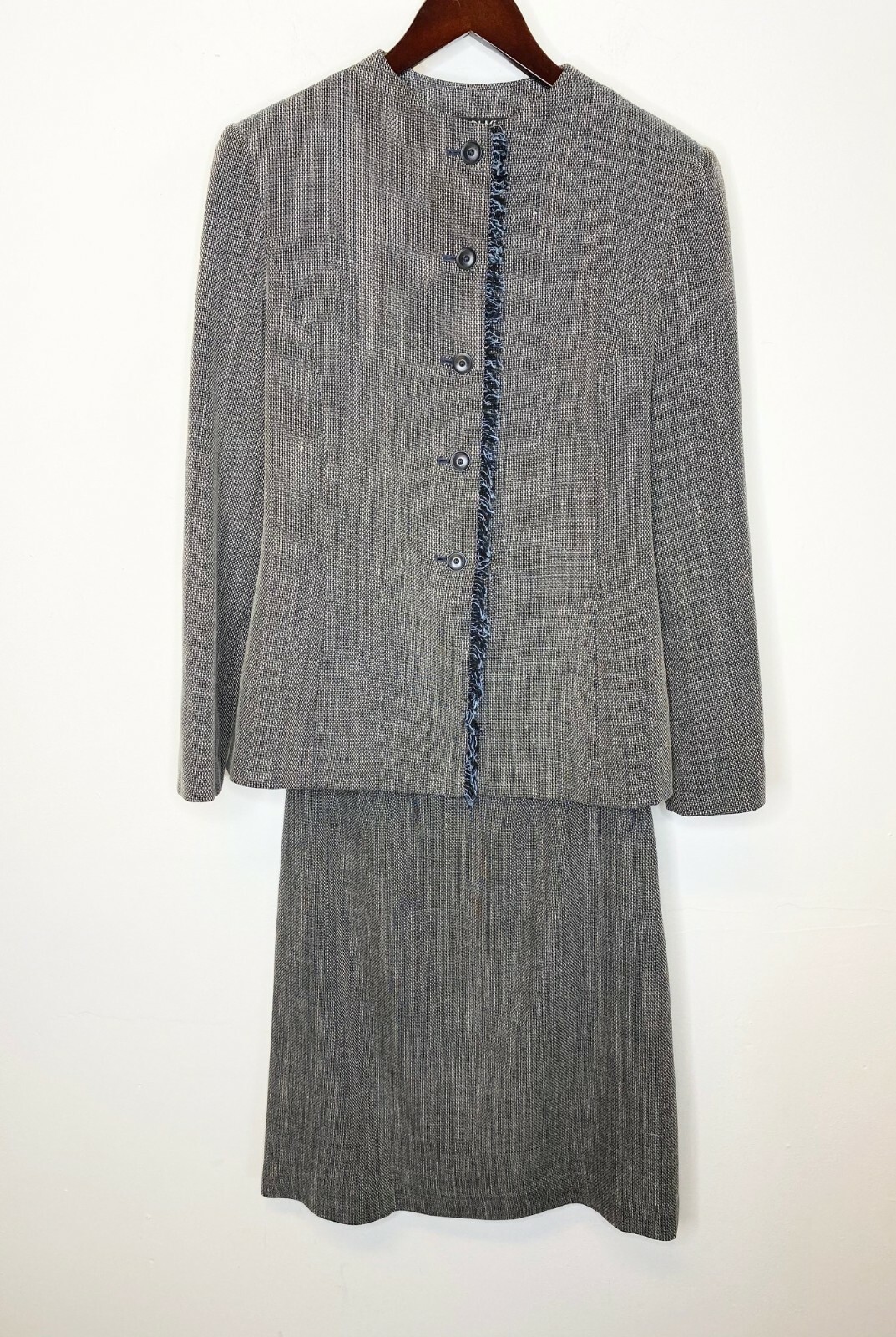 

BILL BLASS Черный, Бежево-Синий, Костюм с Юбкой на Подкладке из Смесового Льна, Пиджак с Бахромой, Куртка, Multicolor