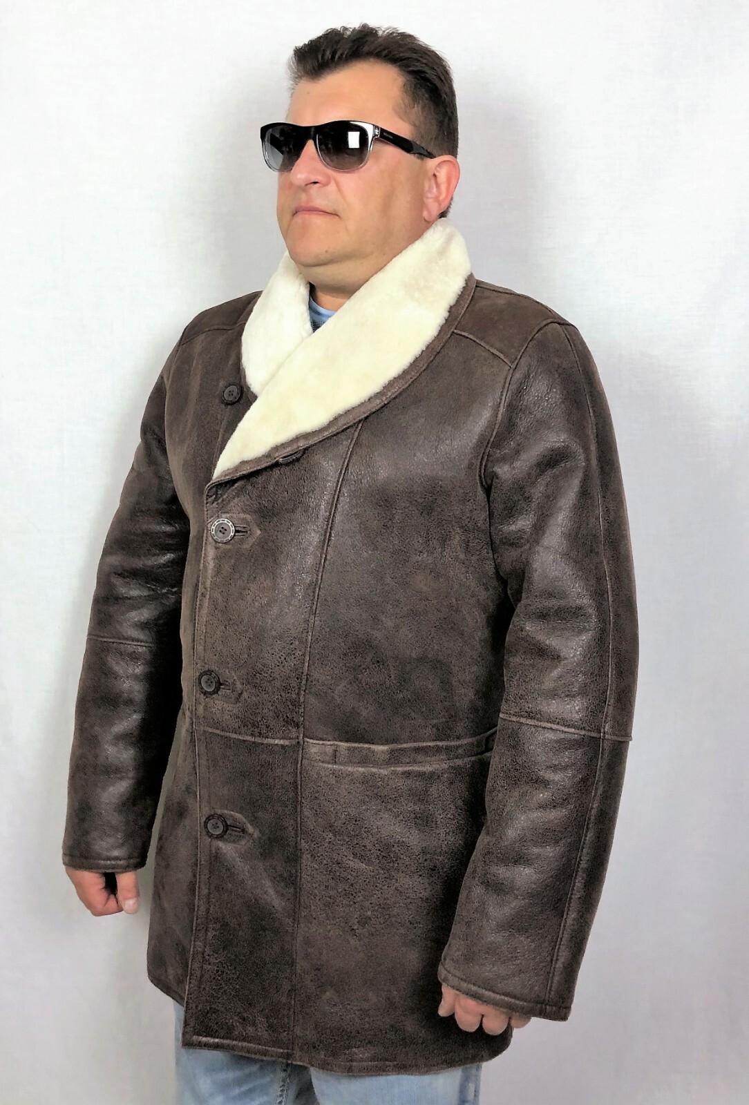 VICTORIA ECHT 100% SCHAFSFELL SHEARLING LEDER HERREN MANTEL TRENCH JACKE S-2XL, ESPRESSO