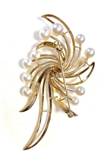 LARGE 14K Yellow Gold MIKIMOTO Akoya Pearl Shoulder Brooch 2-3/4” Pin 14.65g