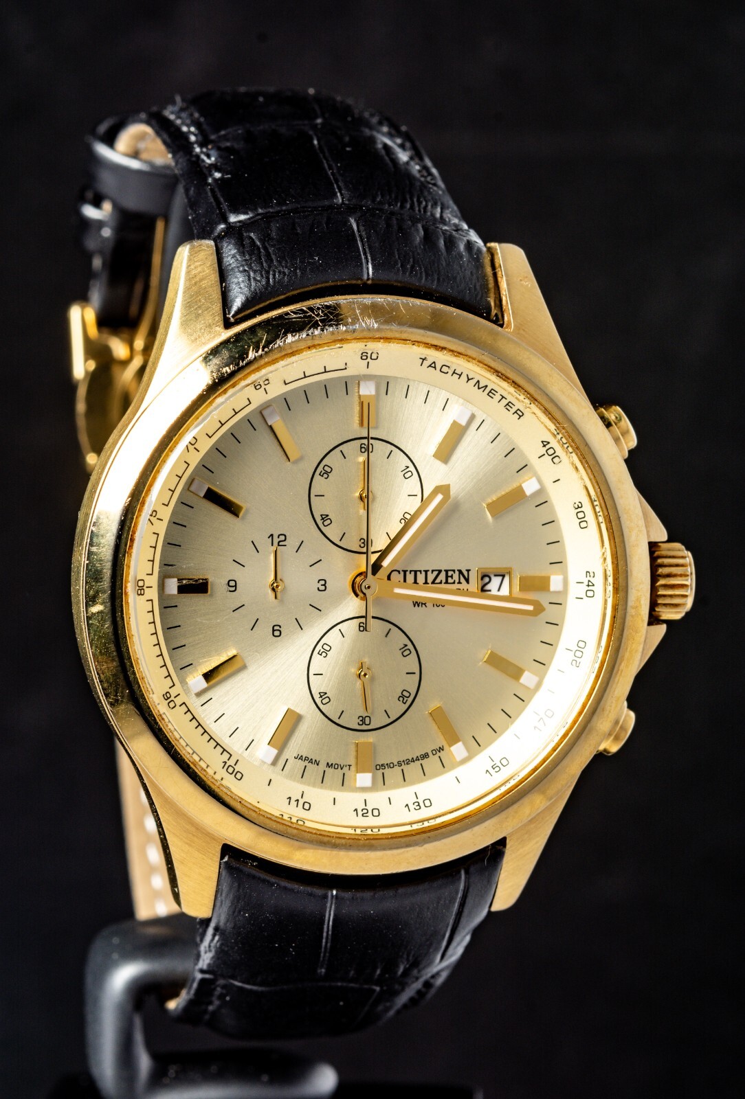 CITIZEN CHRONOGRAPH ゴールド文字盤クォーツ WR100 Citizen Chronograph WR100 Gold Tone Dial Men's Watch
