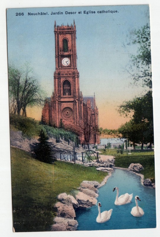 Neuchatel. Jardin Desor Et Eglise Catholique. Jahr 1919