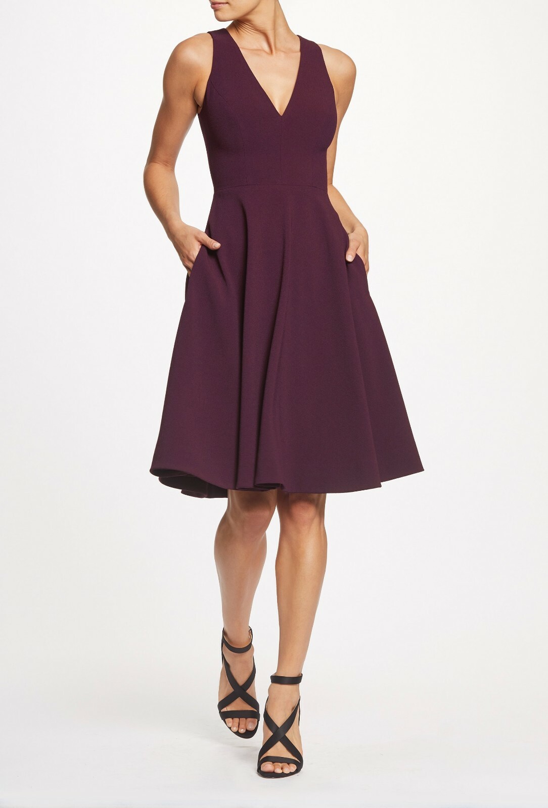 DRESS the POPULATION Сливово-фиолетовый Catalina стрейч с V-образным вырезом Чай Fit & Flare XS 0/2