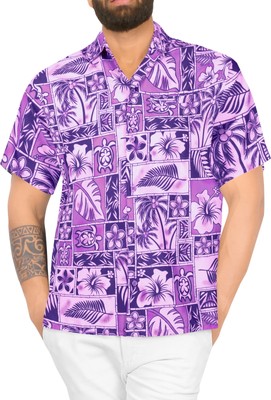 LA LEELA Men's Hawaiian Short Sleeve Button Down Shirt 5XL Hawaii Collage,Purple