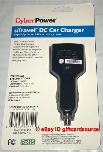 CyberPower TRDC2A2USB Travel Charger 2.1A USB Port DC Auto Power Plug NEW/SEALED