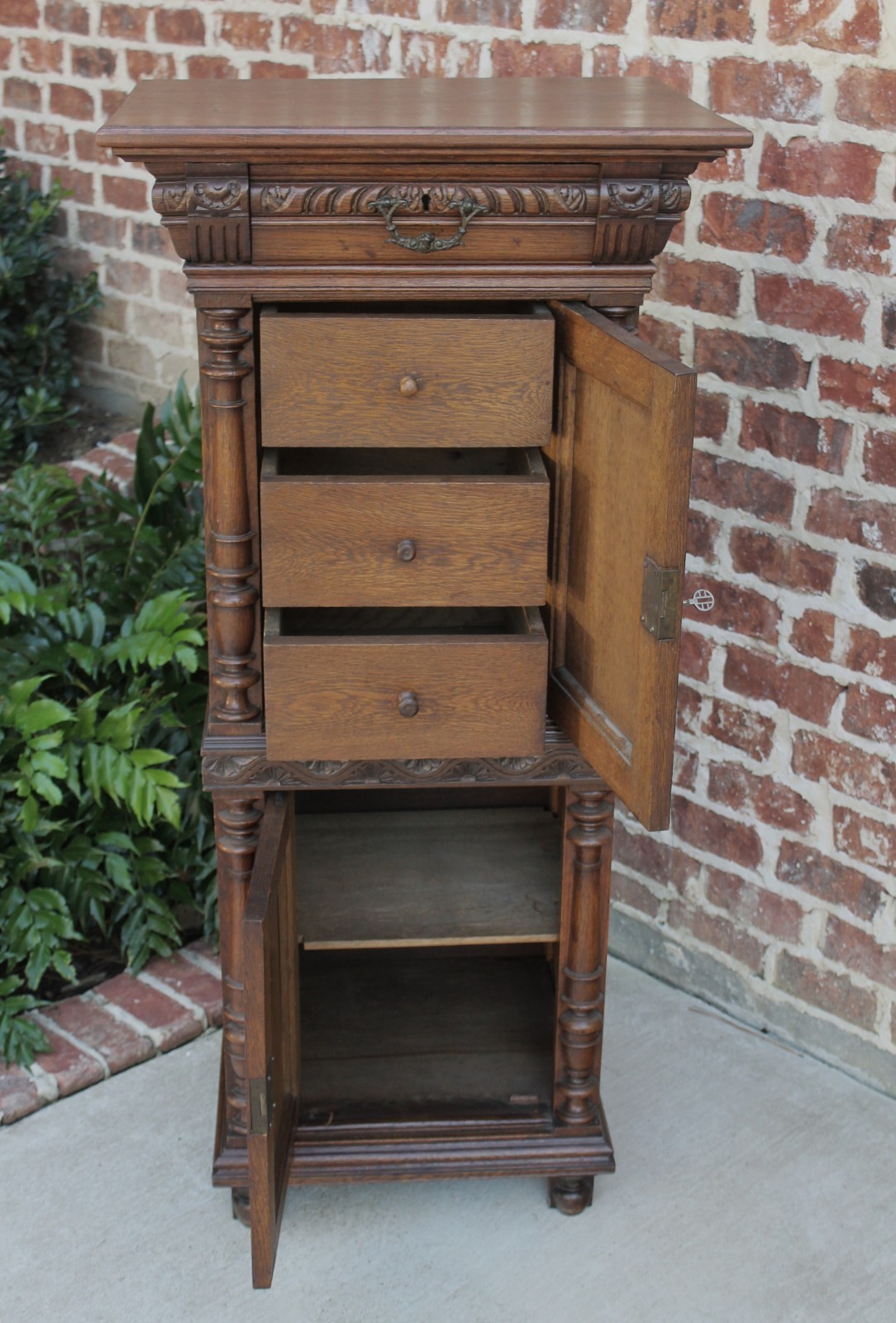 Antique French Oak Renaissance Jewelry Lingerie Cabinet Chest Interior Drawers