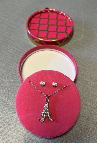 NIB Kohl’s Necklace & Earring Set Silver Tone Rhinestone Initial “A”
