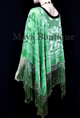 Pre-owned Maya Matazaro Green Silk Burnout Velvet Poncho Fringe Top Shawl Hand Dyed