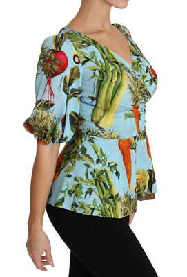 Pre-owned Dolce & Gabbana Blouse Vegetable Print Silk Top Peplum Wrap It36/us2/xs $1200 In Multicolor
