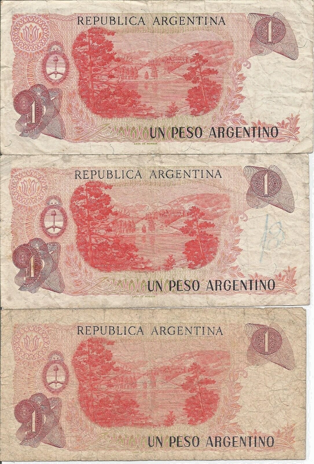 CURRENCY ARGENTINA UN PESO BANKNOTE 3x Cir. Banknotes # 6