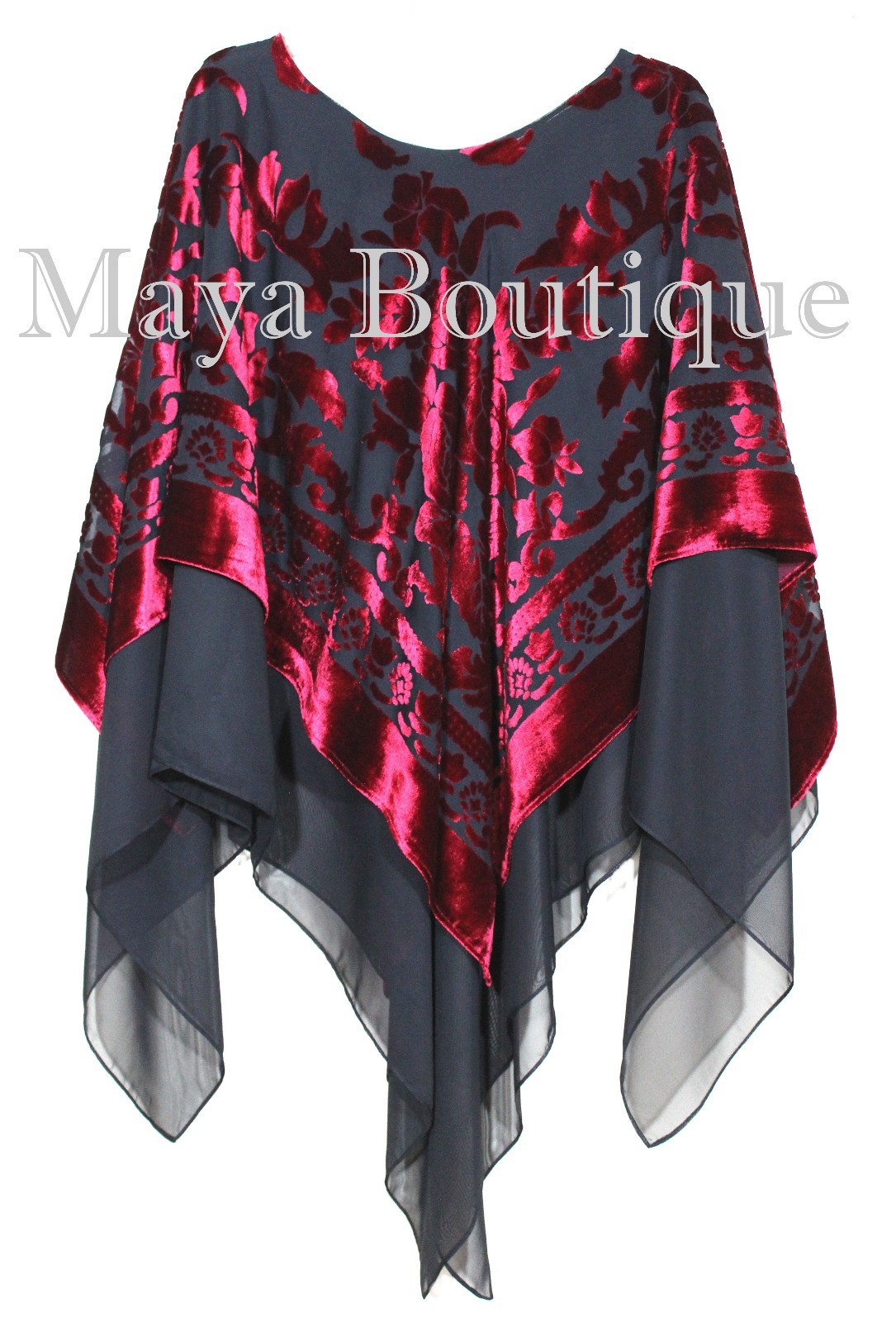 Pre-owned Maya Matazaro Maya Hand Dyed Layered Poncho Top Red Black Burnout Velvet & Chiffon Made In Usa
