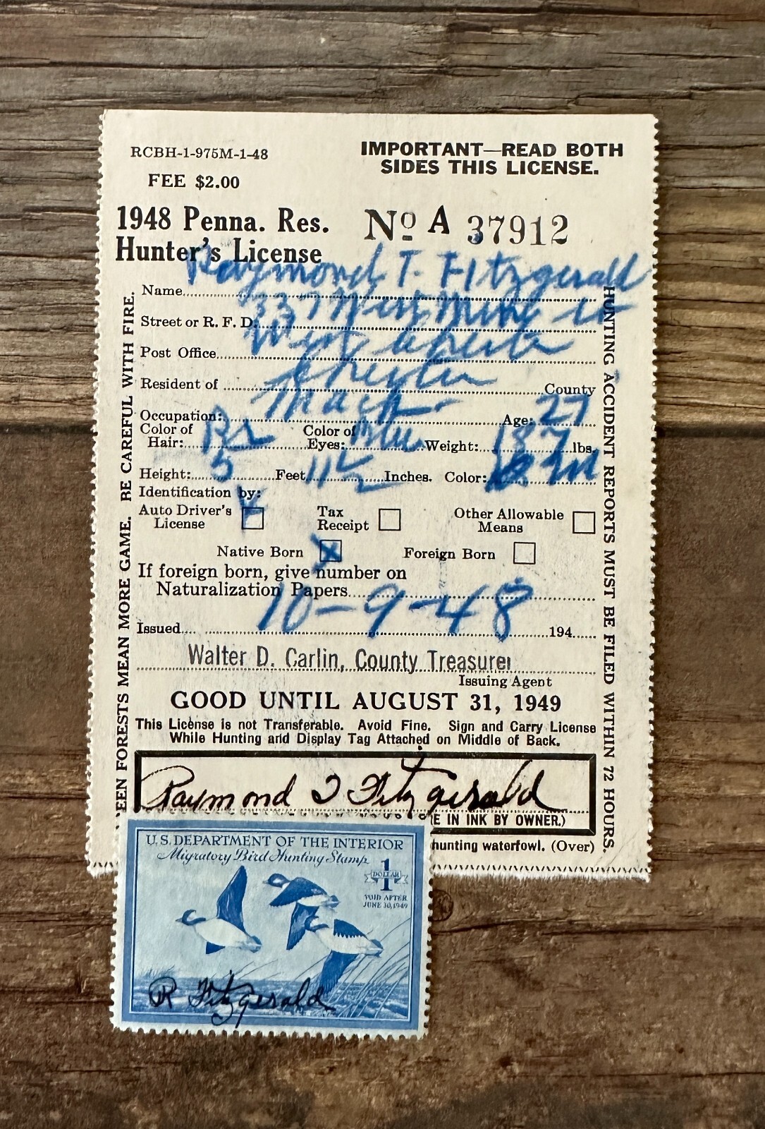 RW15 1948 - Federal Duck Stamp <em><strong>PENNSYLVANIA</strong></em> Hunting Permit 