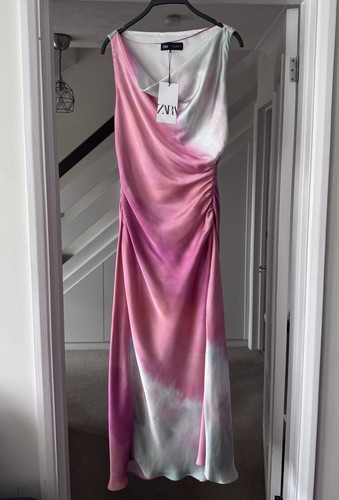 Zara Pink Tie Dye Satin Midi Dress Size L 8346/201 Bloggers