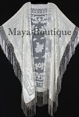 Pre-owned Maya Matazaro Ivory Kaftan Duster Fringe Jacket Kimono Opera Coat Burnout Velvet  In White