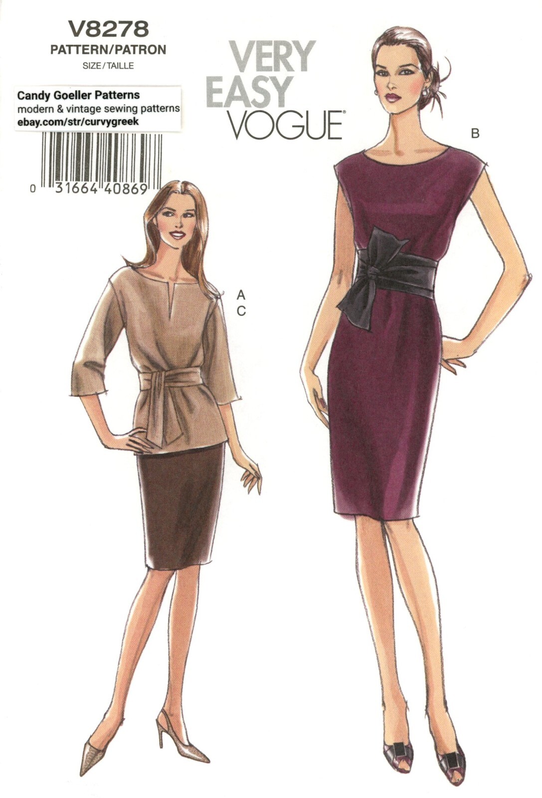 Vogue V8278 Top & Dress w Slit Neckline & Sash, Straight