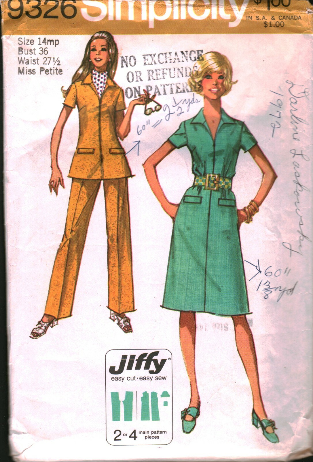 9326 Vintage Simplicity Sewing Pattern Misses Jiffy Dress