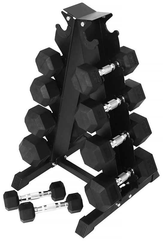 Rubber-Coated Hex Dumbbell Set with A-Frame Rack (Pairs) Weight Fitness Curl