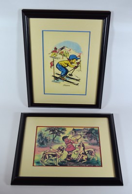 2 Vintage GERMAINE BOURET Art Prints Slalom & J'aime le son du cor, Framed