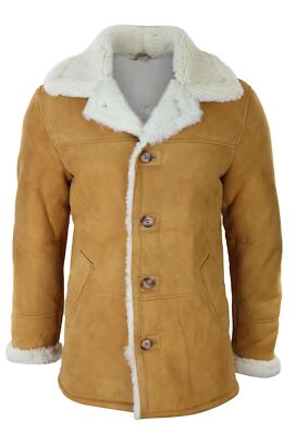Pre-owned Truclothing Mens 3/4 Genuine Sheepskin Coat Classic Tan Brown Camel Jacket Cream Fur