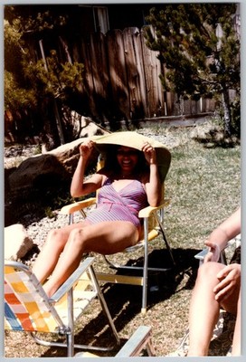 Vtg Color Snapshot Smiling Woman In Striped Swimsuit In Lawn Chair Yard 1970s