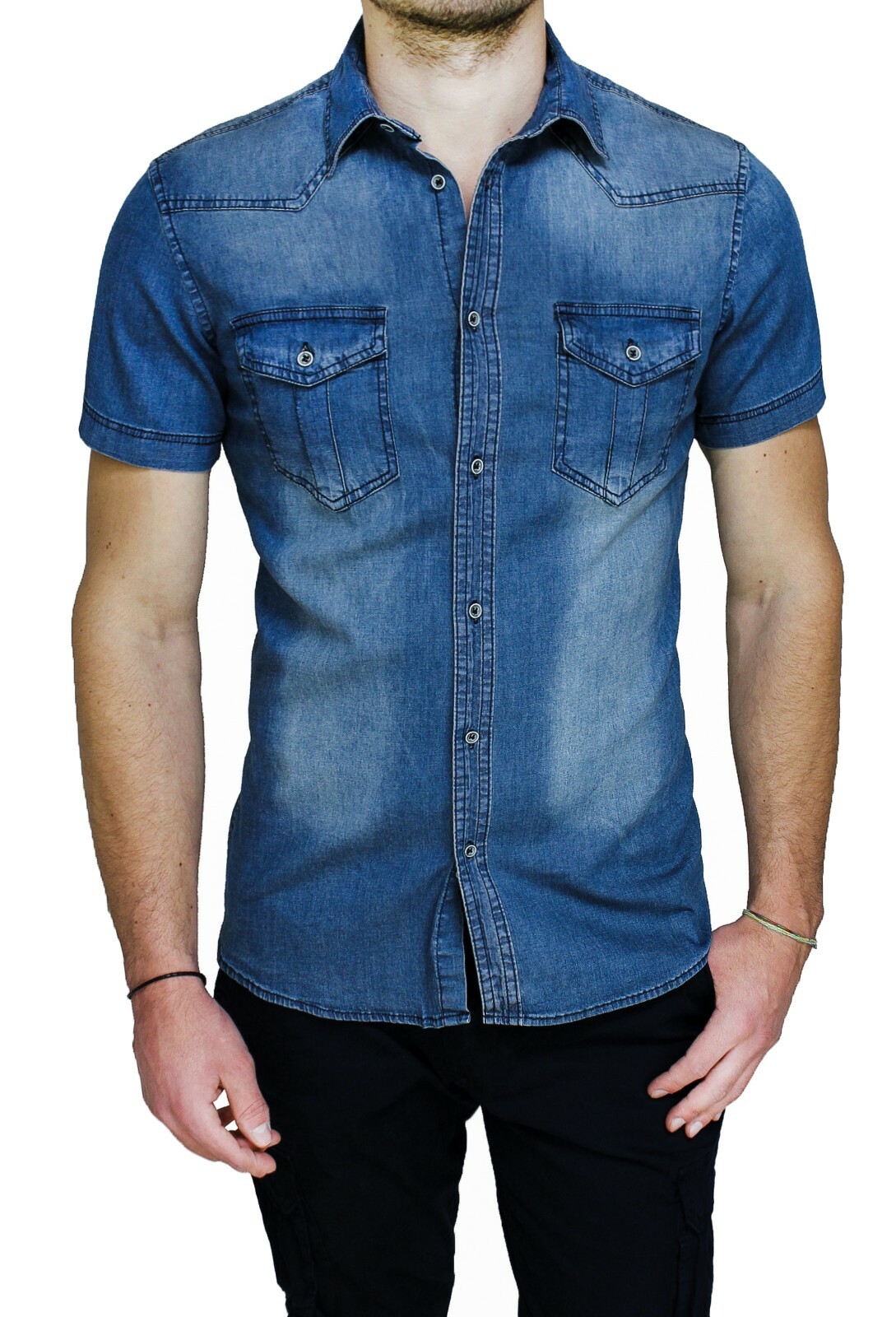 CAMICIA JEANS UOMO CASUAL SLIM FIT BLUE DENIM MANICA CORTA taglia S M L
