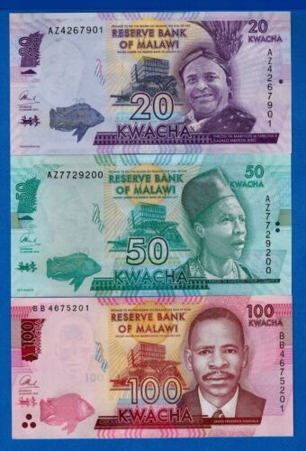 Malawi P-63 P-64 P-65 20,50,100 Kwacha Uncirculated Banknote Set #3 