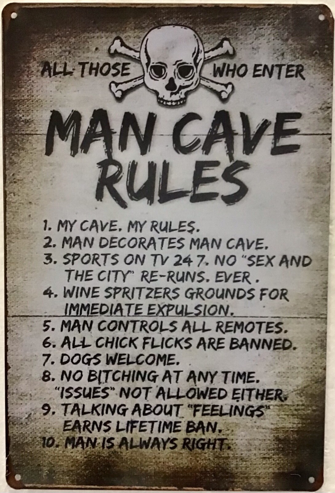 TIN SIGN 8x12 Man cave rules skull funny sports dogs remote husband dad wall A66