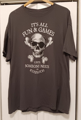 Disney Parks T Shirt XXL Pirates Caribbean Fun And Games Gets Eye Patch Gray