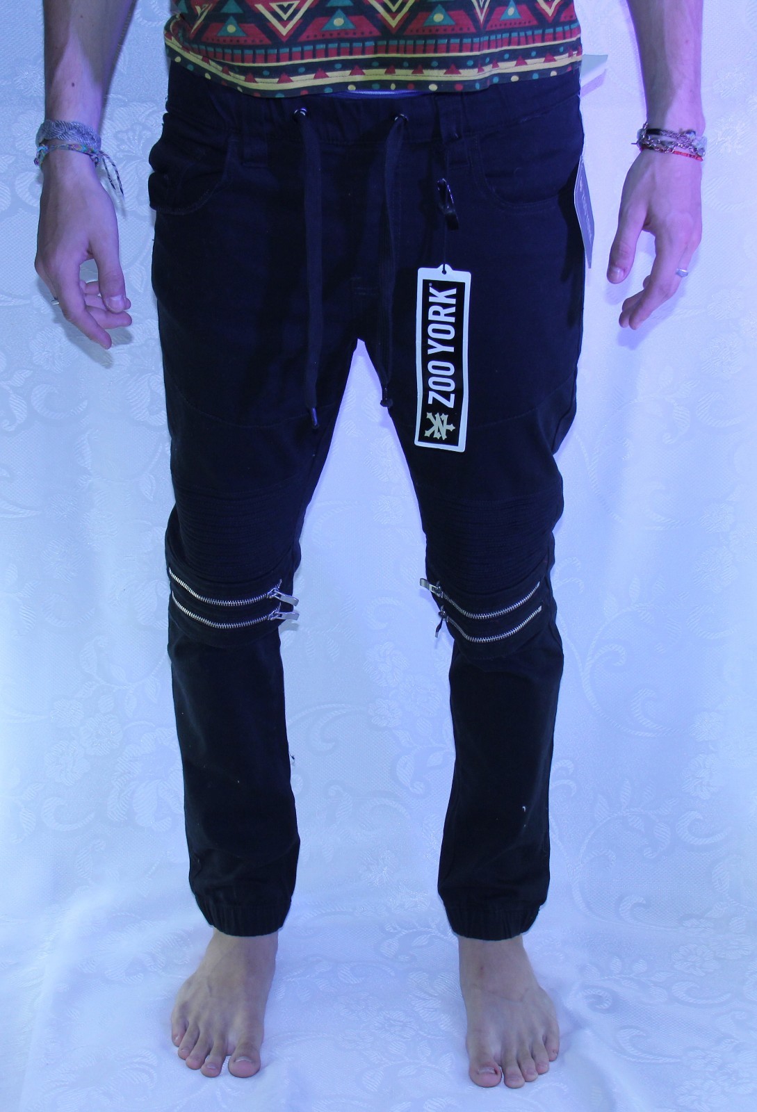 Zoo York Black Unisex Moto Zip Jogger Denim Jeans Pants Zipper - M Medium NEW