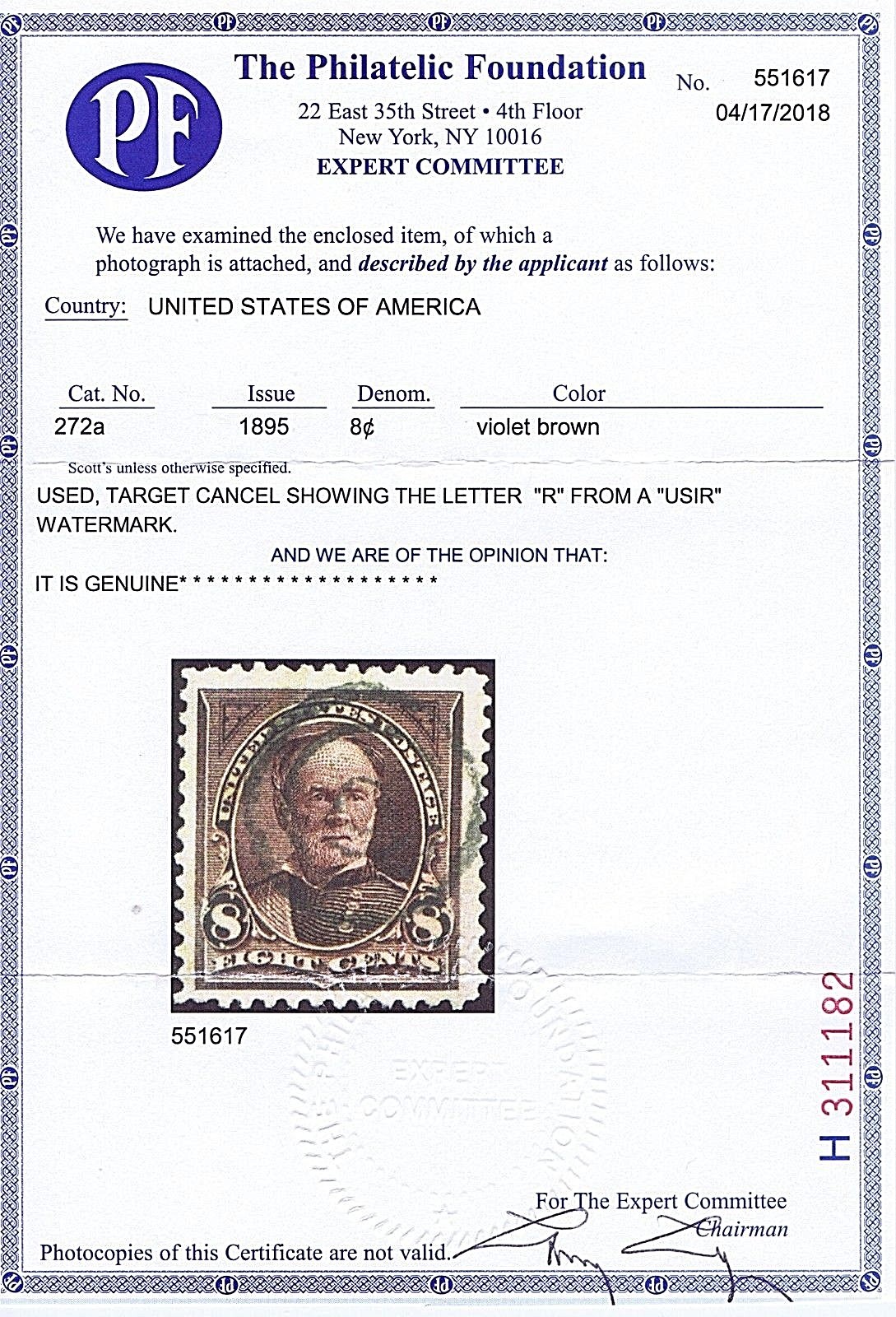 SC# 272a USED 8 CENT, 1895 PARTIAL USIR WATERMARK HIGH CAT VALUE 2018 PF CERT