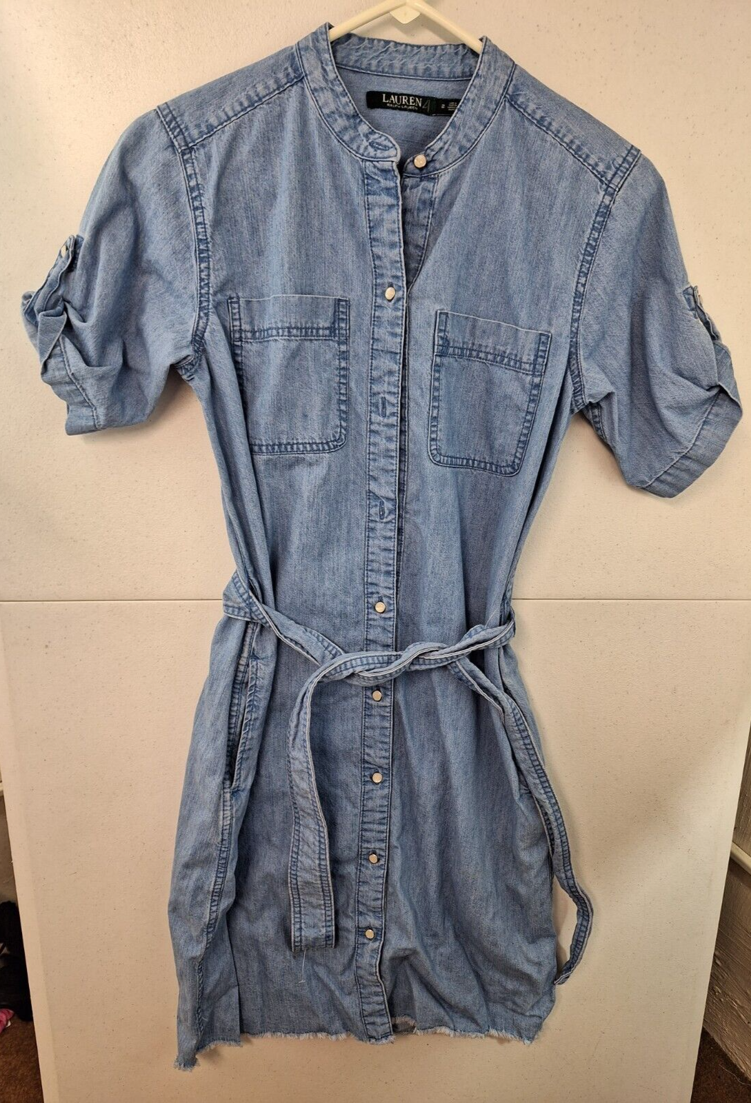 【RALPH LAUREN】デニム ポイントカラー 半袖 膝丈 シフトドレス Lauren Ralph Lauren sz 2 Light Blue Denim Pearl Button Front