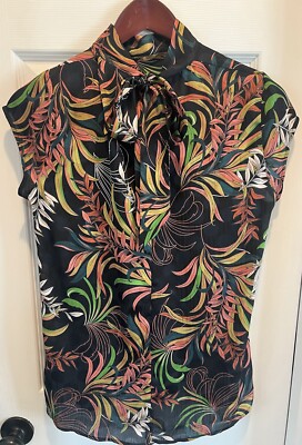 SISELY Italy Tie Neck Short Sleeve Blouse Tropical Print Size S