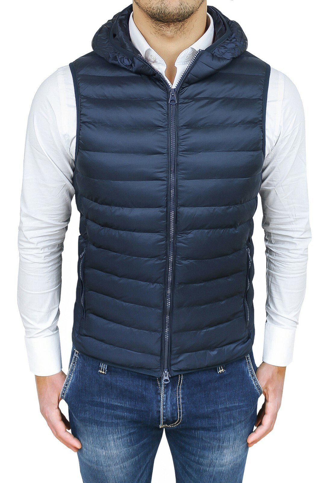 Piumino smanicato uomo slim fit blu nero gilet giubbotto bomber con  cappuccio