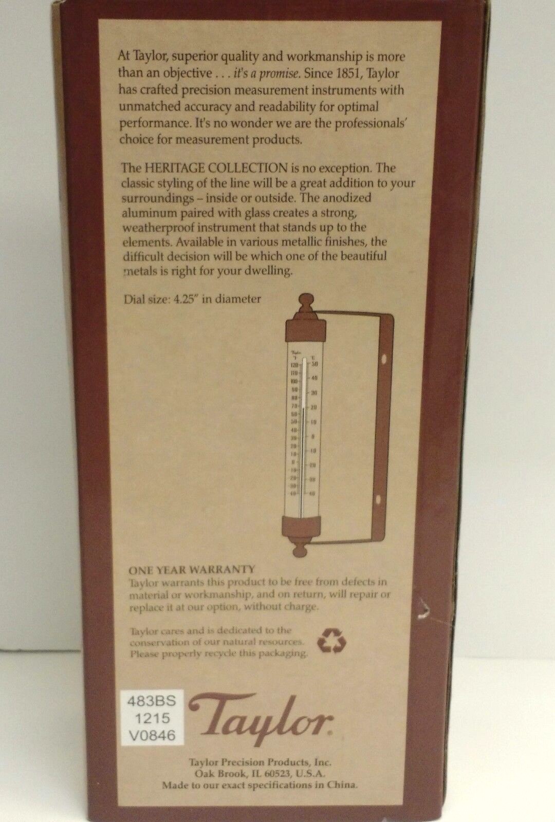 Taylor Heritage Collection Weatherproof Outdoor Thermometer New in Box 483BS