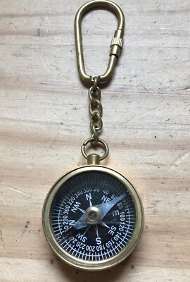 Vintage 1970s Solid Brass Nautical Compass Keychain 1-3/8''D x4-1/2''L