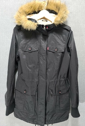 Levi Strauss \u0026 Co Womens Black Hooded Faux Fur Parka Lined Jacket Small C32  | eBay