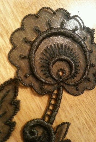 Antique Black Appliqué Needle Lace Figural Mourning Flower Handstitched