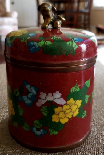 19TH C ANTIQUE COPPER CHINESE CLOISONNE HUMIDOR WITH SOLID BRASS FOO DOG FINIAL
