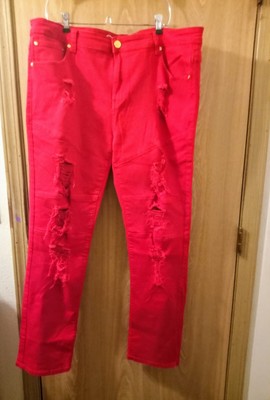 Argonaut Nation Distressed Jeans Mens 42x 32 Red Ultra Slim Stretch