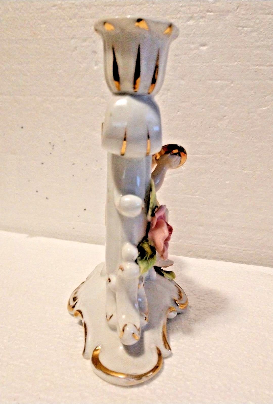 Vintage Porcelain Cherub Candlestick holder w/floral & gold Japan