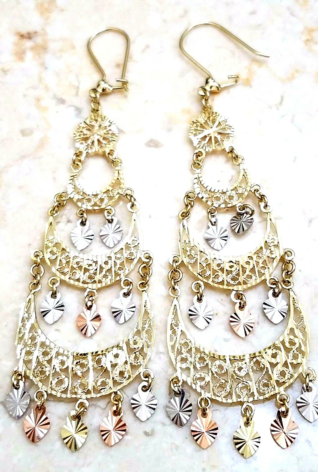 Pre-owned Handmade Gold Earring Chandelier 14k Heart Gypsy Filigree Solid Long Drop Hang 3.25" In Multicolor